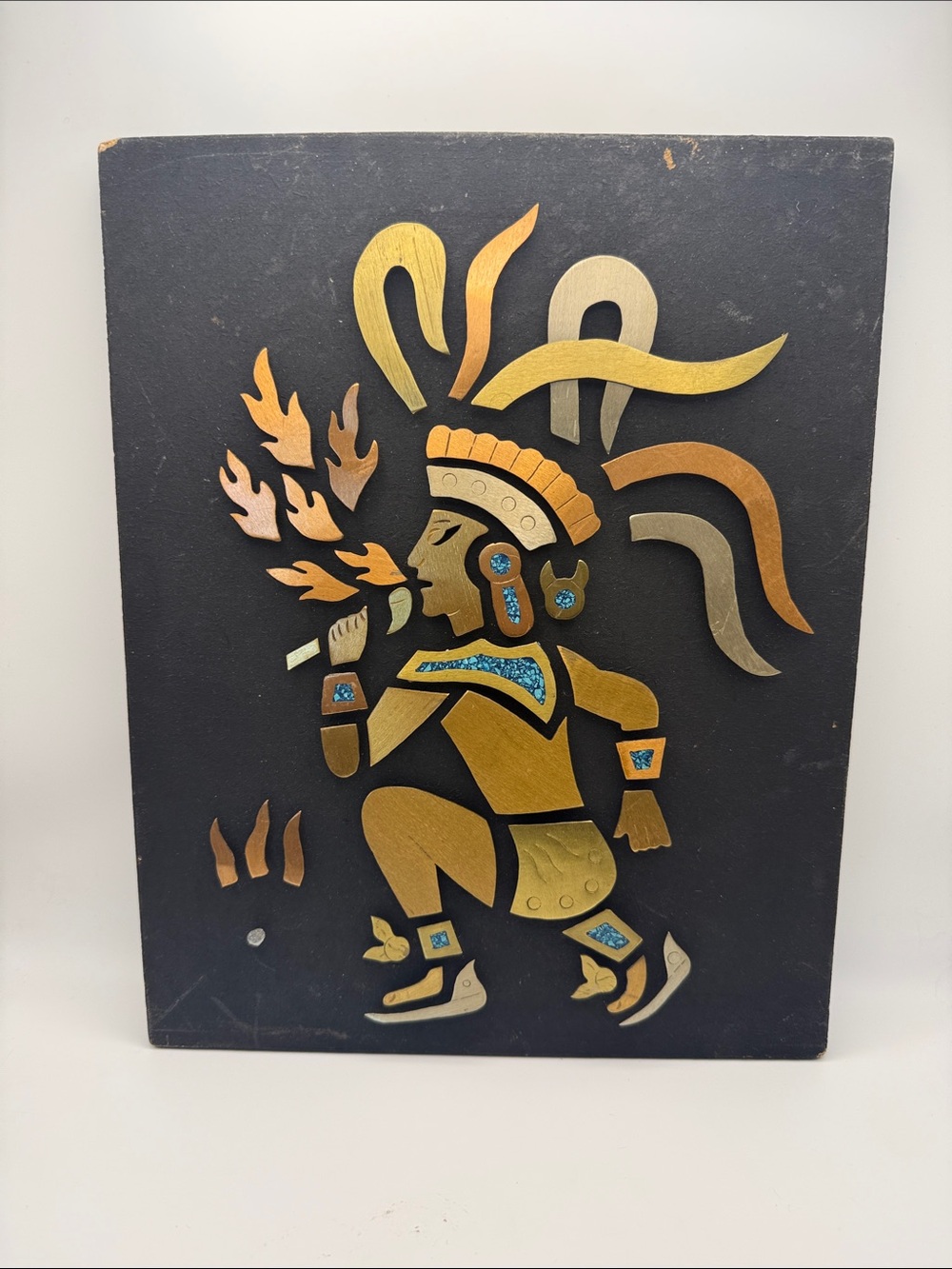 MCM Copper, Brass and Turquoise Aztec Dancer Art Handmade Metalwork Decor